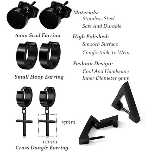 9 Pairs Stainless Steel Hoop Earrings - Picture 3 of 6